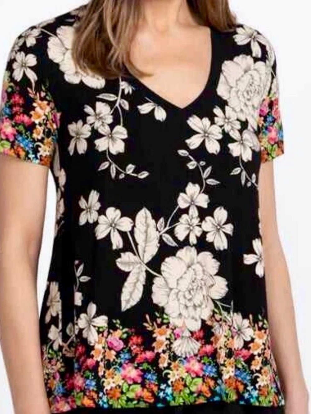 Johnny Was Redland Favorite Top Black Base Cream Floral Print Multi Color Border - Picture 9 of 12